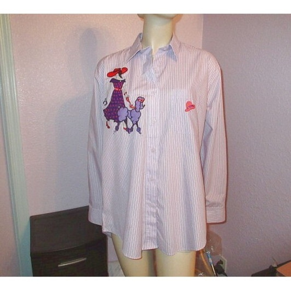 Vtg 90s Embroidered Top Size M Poodle Dog Button Up Shirt Red Hat Society Purple